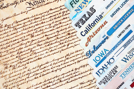 Big amount of driving licenses from different USA states on constitution page. Stack of driving...