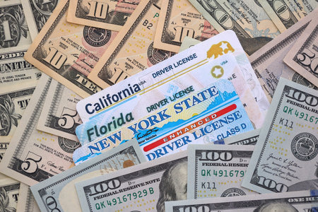 California, Florida and New York state driving licenses among big amount of US dollar bills close upの写真素材