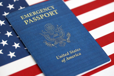 United States emergency passport book on US flag close up. Travel document on official banner photoの写真素材