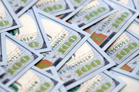 United States Dollar currency money bills. USD currency banknotes in stack with different...