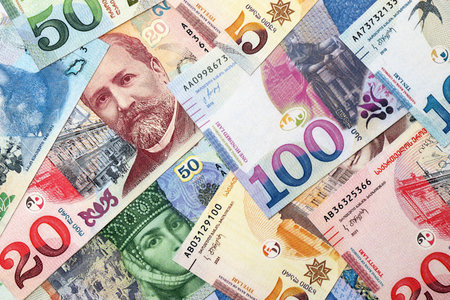 Georgian Lari currency money bills in bunch. GEL currency banknotes with different denomination...