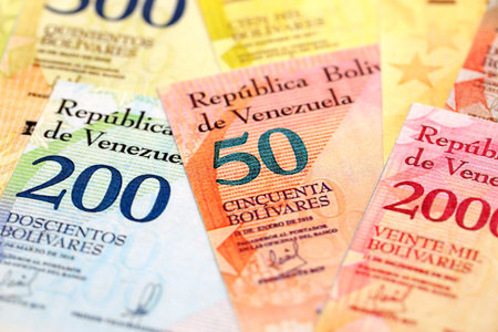 Venezuelan Bolivar currency money bills in stack. VED currency banknotes with different denomination close upの写真素材