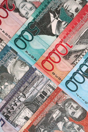 Dominican Republic Pesos currency money bills. DOP currency banknotes in bunch with different denomination close upの写真素材