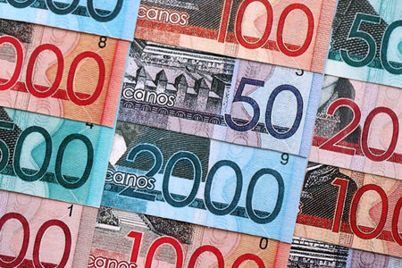 Dominican Republic Pesos currency money bills. DOP currency banknotes in arrange with different...