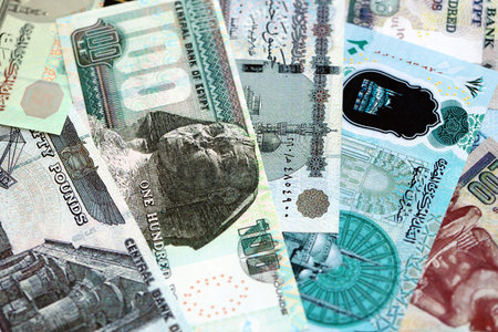Egyptian pound currency money bills. The current banknotes lies on table in big amount close up