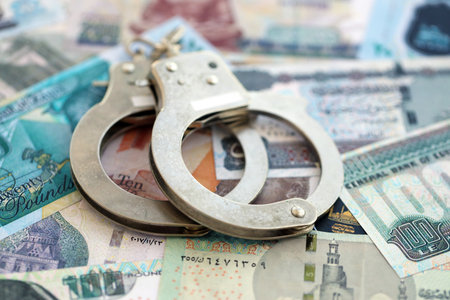 Egyptian pound currency money bills and handcuffs close up.
