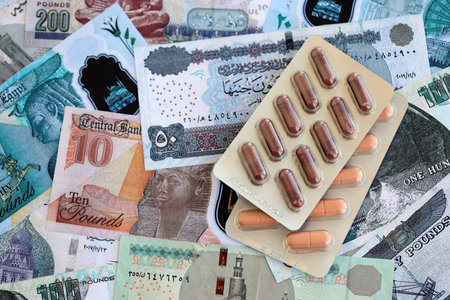 Egyptian pound currency money bills and medicine pills close up. The concept of medicine and...