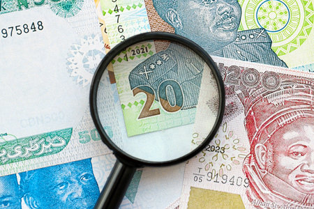 Nigerian naira currency money bills and magnifying glass close up. The concept of financial...