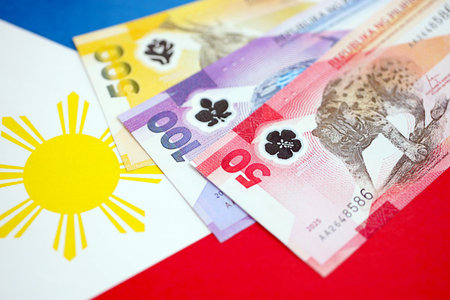 Philippines peso currency money bills lies on flag close up. The concept of business and investmentの写真素材