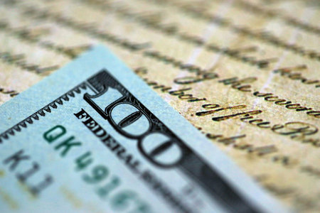One hundred US dollar bills and United States Constitution page fragment. Concept of lawsuit in...