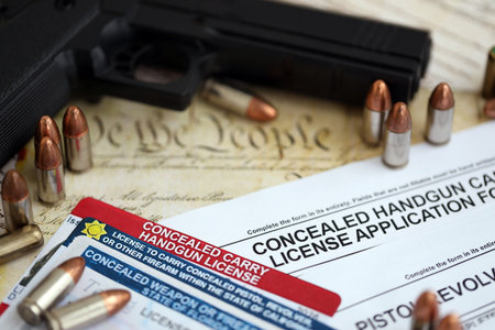 USA firearms license and handgun with bullets on US Constitution. Gun permit and Constitution second amendment conceptの写真素材