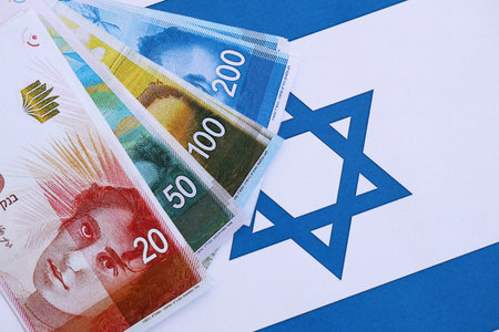 Israel New Shekels banknotes on national flag. The current Israel money bills lies on flag in big amount. The concept of business and investment in Israelの写真素材