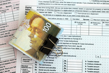 Israel New Shekels banknotes on tax form blank. The current Israel money bills lies on tax report document. The concept of taxation and taxpaying in Israelの写真素材