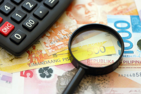 Philippines peso currency money bills and calculator with magnifying glass close up. The concept of taxation and money countの写真素材
