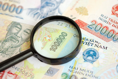 Vietnamese dong currency money bills and magnifying glass close up. The concept of financial monitoring and taxationの写真素材