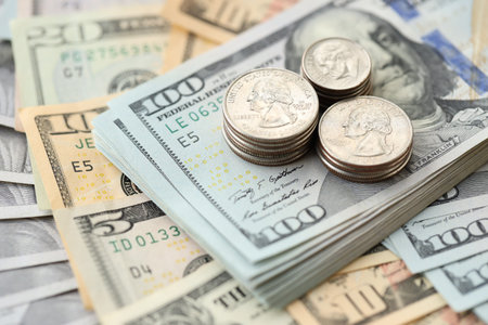 American US dollars money bills and coins close up in big amount. Financial conceptの写真素材
