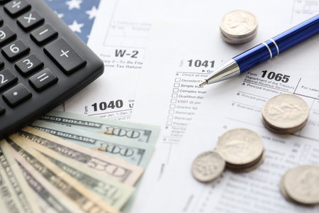 American US dollars money bills and coins with pen and calculator on IRS tax form blanks close up. Accounting and taxpaying period conceptの写真素材