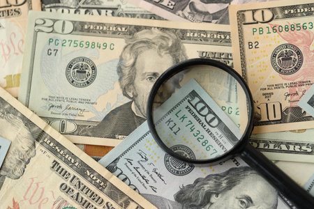 Big amount of United States USD dollar bills and magnifying glass close upの写真素材