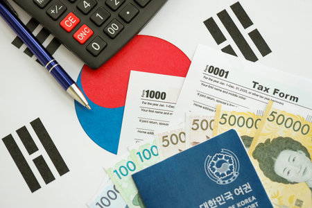 South Korean won money bills in big amount lies on table with pen, calculator, passport and tax forms close up. Taxpaying and accounting conceptの写真素材
