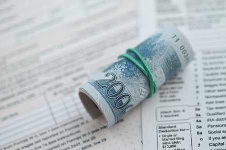 North Korean won money bills in big amount lies on table with tax forms close up. Accounting and taxation conceptの写真素材