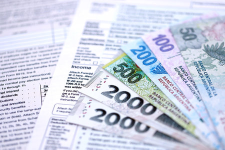 Argentine pesos money bills in big amount lies on table with pen and tax forms close up. Finance and banking conceptの写真素材