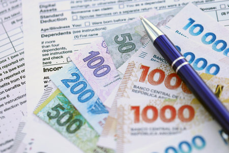 Argentine pesos money bills in big amount lies on table with pen and tax forms close up. Finance and...