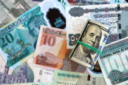 Egyptian pound currency money bills and bunch of us dollar banknotes close up. The concept of economics and currency exchangeの写真素材