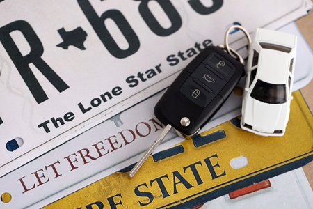 Remote control car keys on US license plates with state names close up. Concept of driving in United States. Reaching a driving licenseの写真素材