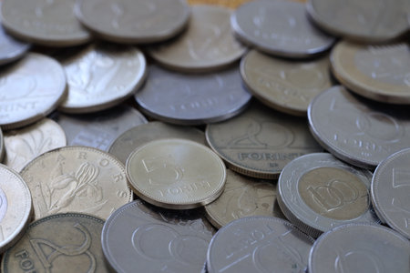 Many Hungarian forint coins in big amount close up. Forint is an official Hungarian currency instead...