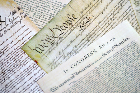 Closeup of a replica of U.S. document of American constitution We the people. Preamble to the Constitution of the United Statesの写真素材
