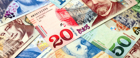 Georgian Lari currency money bills in stack. GEL currency banknotes with different denomination...