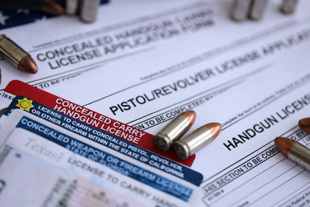 USA firearms license and handgun with bullets on US Constitution. Gun permit and Constitution second...