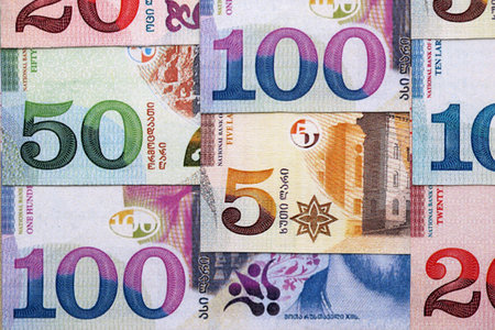 Georgian Lari currency money bills in stack. GEL currency banknotes with different denomination...