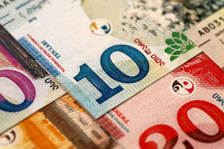 Georgian Lari currency money bills. GEL currency banknotes in big amount with different denomination...