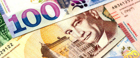 Georgian Lari currency money bills. GEL currency banknotes in big amount with different denomination...