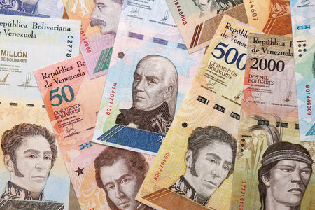 Venezuelan Bolivar currency money bills in stack. VED currency banknotes with different denomination close upの写真素材