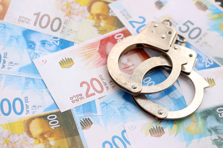 Israel New Shekels banknotes and handcuffs. The current Israel money bills and cuffs lies on table in big amount. The concept of criminal in Israelの写真素材