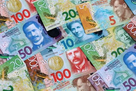 New Zealand dollar money bills in big amount on table close up. Rich life concept in New Zealand. Business and economyの写真素材