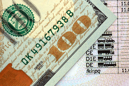 Hundred dollar bill on US driver license close up. Concept of driving lessons or automobile...