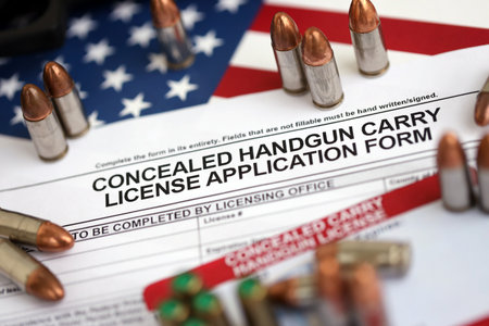 New York firearms license and handgun with bullets on US flag close up. Gun permit and Constitution second amendment conceptの写真素材