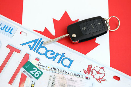 Alberta canadian car license plate and ignition key on flag of Canada close up. Driving permit and registration conceptの写真素材