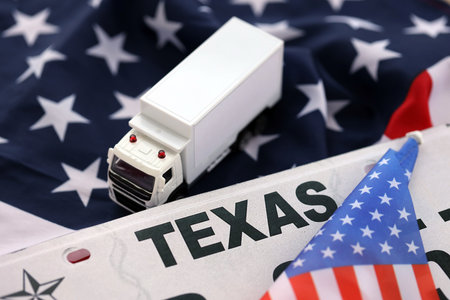 Toy truck and USA state of Texas license plate on US flag. Concept of driving in Texas. Reaching a driving permitの写真素材
