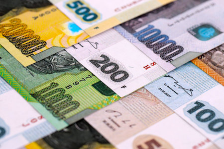 Congolese franc money bills in big amount on table close up. Business and economyの写真素材