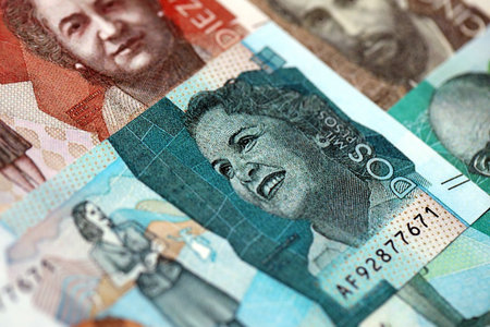 Colombian pesos money bills banknotes lies in big pile on table close up. Concept of finances and business in Colombiaの写真素材