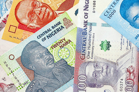 Nigerian naira currency money. The current banknotes lies on table in big amount close upの写真素材