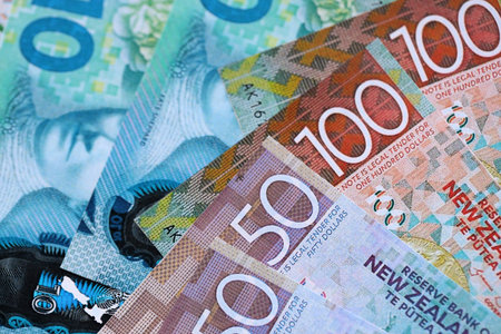 New Zealand dollar money bills in big amount on table close up. Rich life concept in New Zealand. Business and economyの写真素材