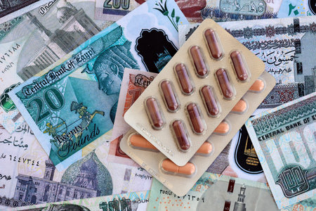Egyptian pound currency money bills and medicine pills close up. The concept of medicine and pharmacyの写真素材