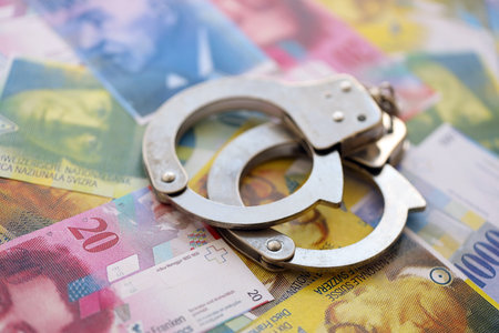 Swiss franc banknotes and handcuffs. The current francs money bills and cuffs lies on table in big amount.の写真素材