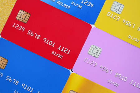 Many credit or debit cards with fictional specimen numbers. Big amount of banking plastic cards of various colors. Financial concept of business and e-commerceの写真素材