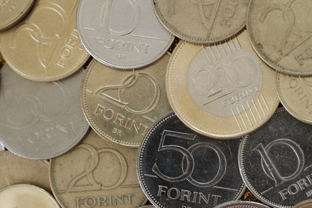Many Hungarian forint coins background. Forint is an official Hungarian currency instead euroの写真素材